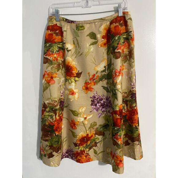 Talbots a-line midi skirt women’s size 10 tan floral silk wool elegant retro - Picture 2 of 4